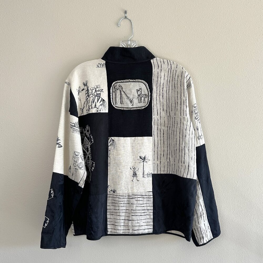 Chico's Silk and Linen Blend Patchwork Art to Wear Jacket, Black Cream, Large - Picture 7 of 11